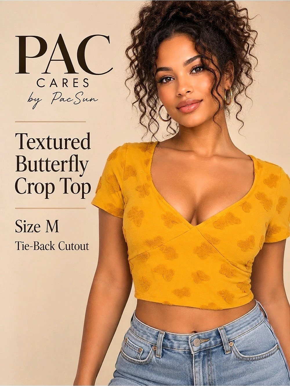 PacSun PAC Cares Textured Butterfly Tie Back Cutout Crop Top Yellow M